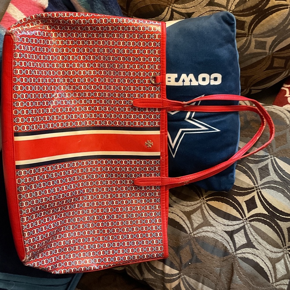 Tory Burch Red and White Tote Bag
